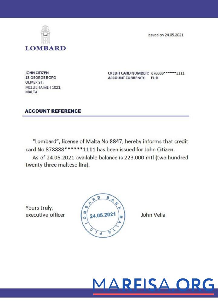 Realistic Malta Lombard Bank reference template